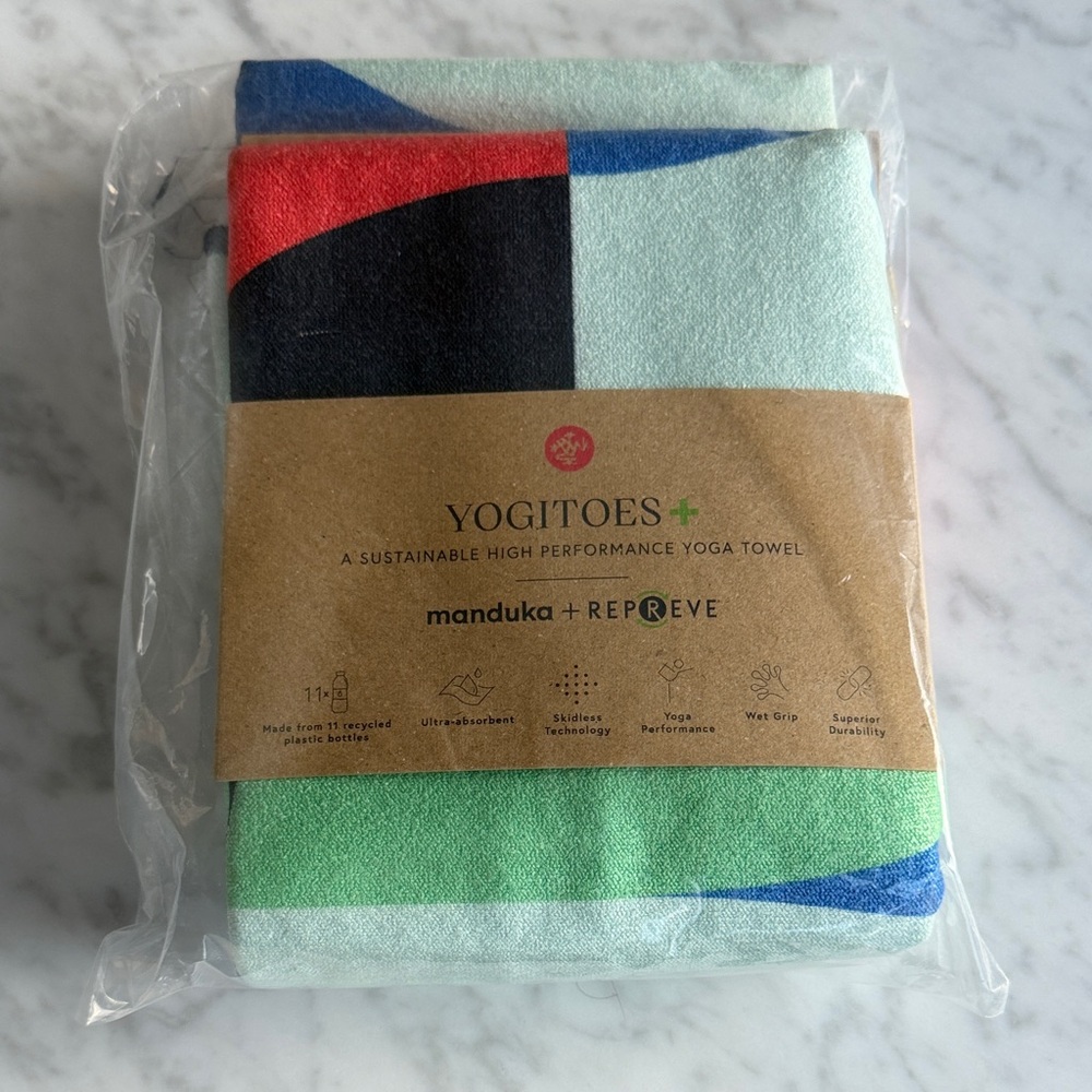 NWT Manduka Yogitoes Towel with Red, Black, Green, and Blue Design
